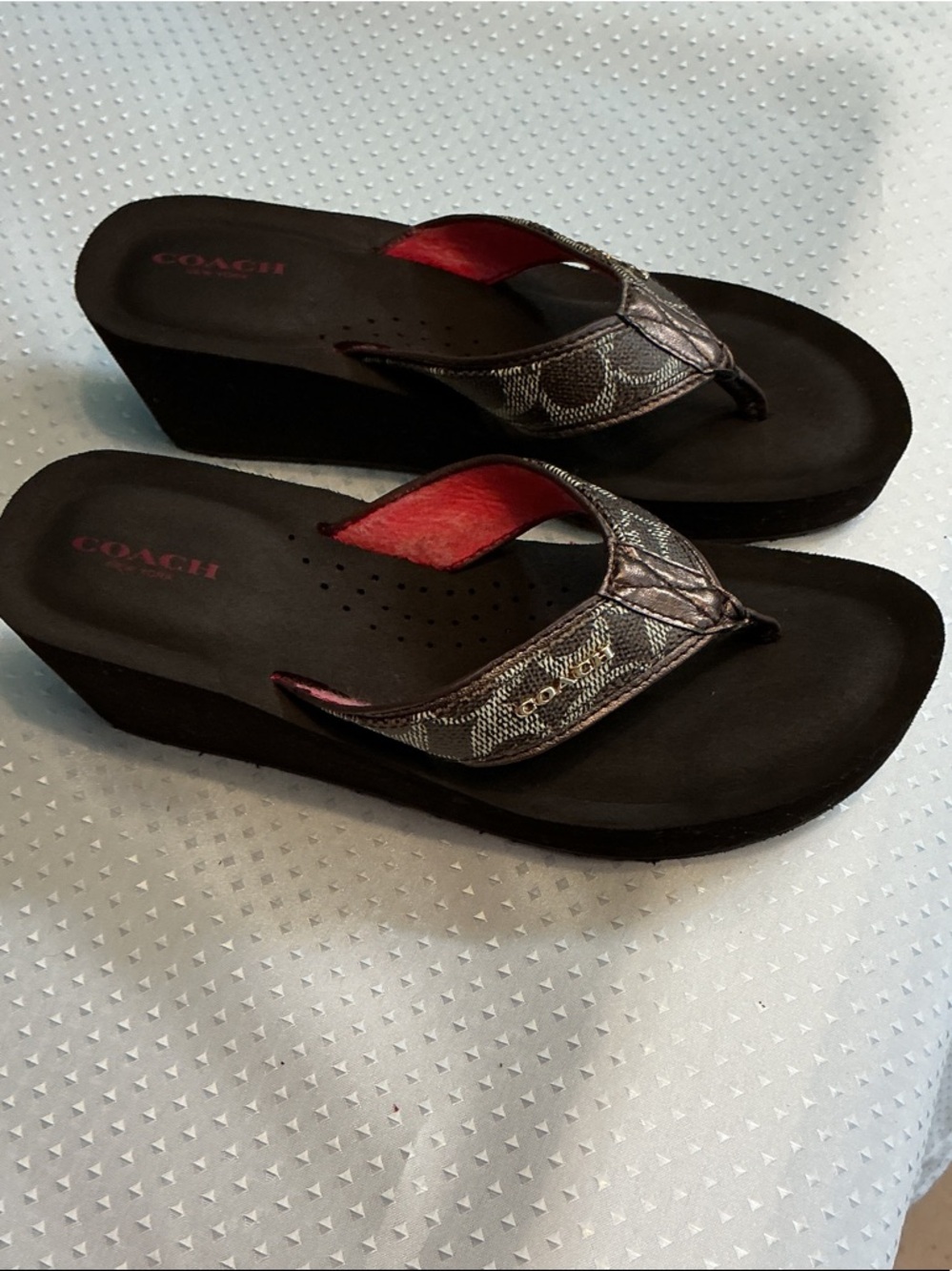 Coach Brown Metallic Signature Thong Sandals with Pink Accents - Picture 3 of 5
